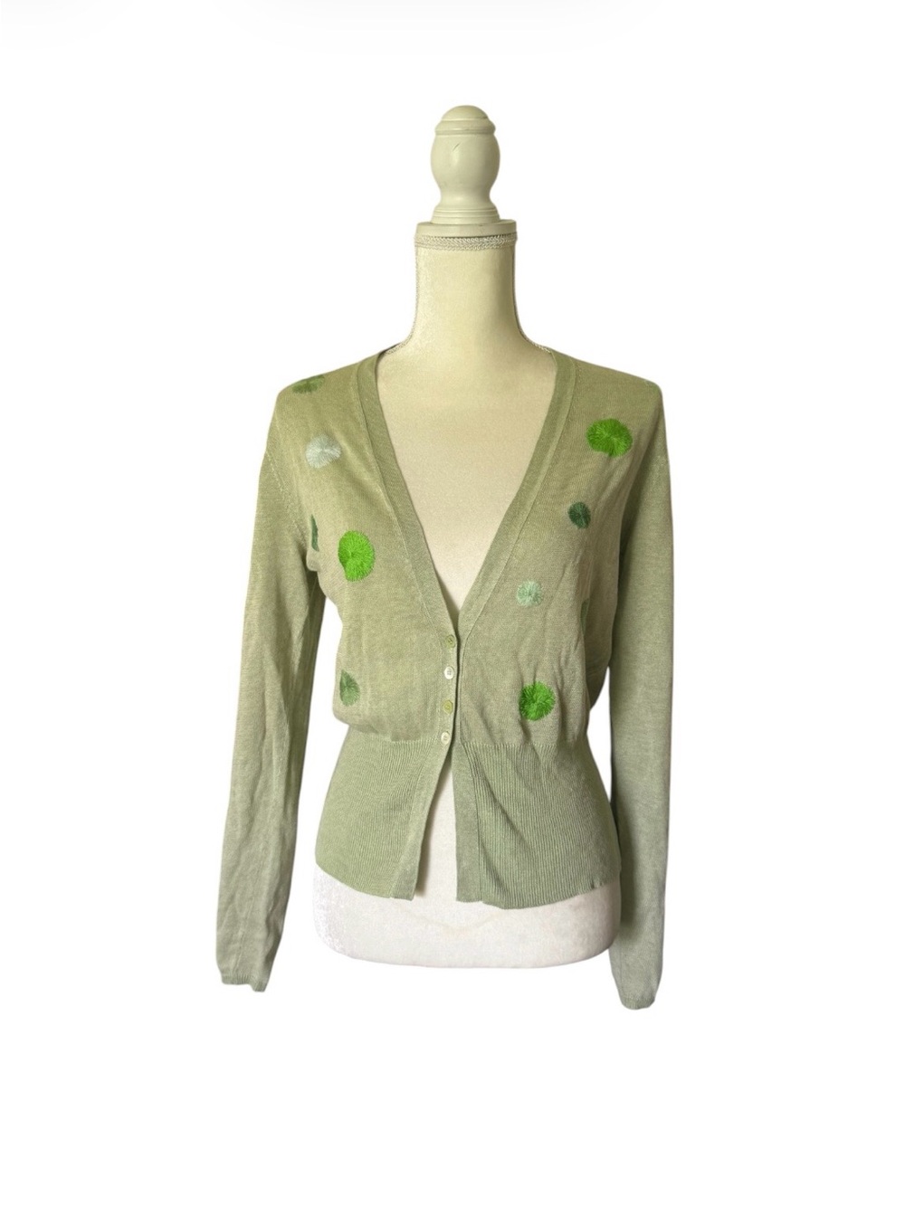 Brunello Cucinelli Light Sage V-Neck Cardigan with Green Dot Embroidery